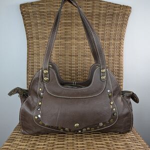 Patricia Nash Brown Leather Ergo Satchel Purse Hobo Shoulder Bag Studded Accents